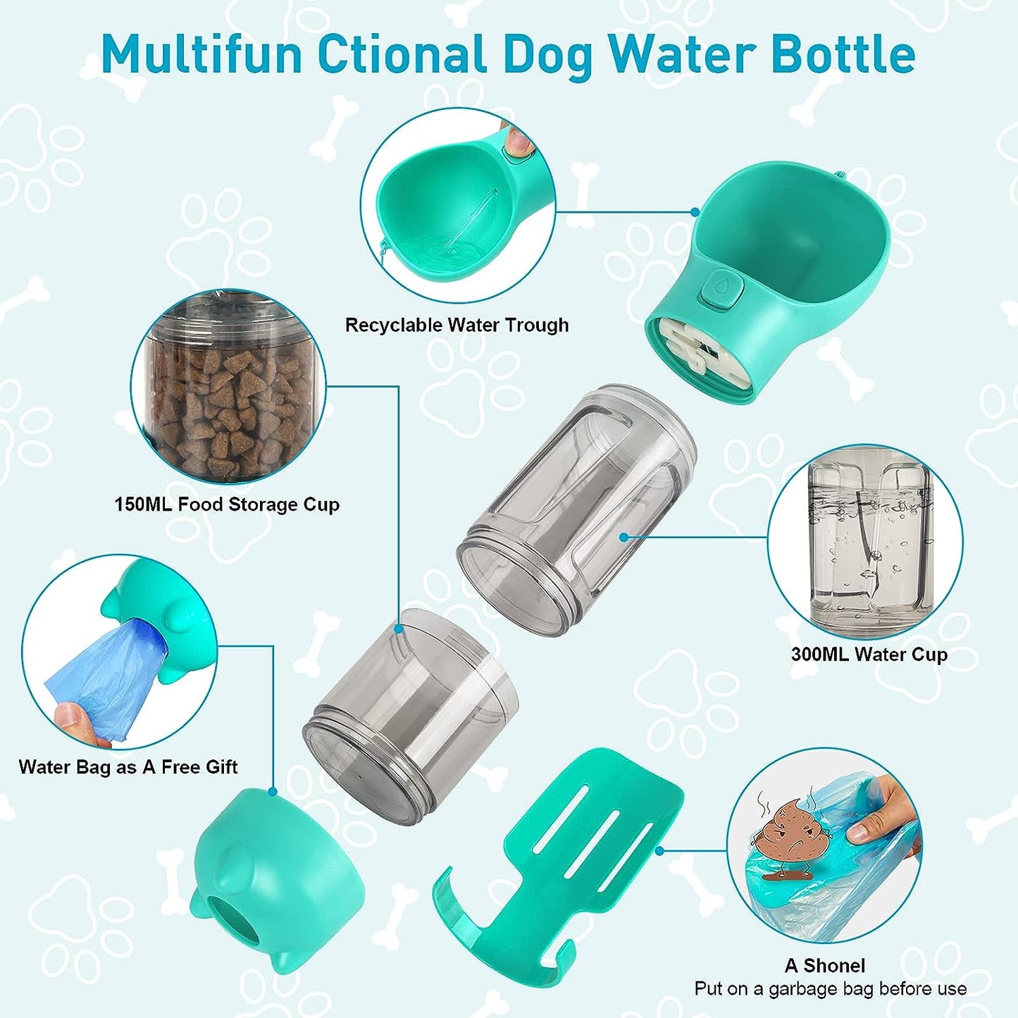 Botella de agua multifuncional para perros — agua, comida y bolsas 3 en 1.