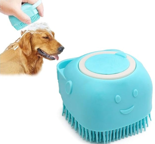 Cepillo masajeador 2 en 1 con dispensador de champú para mascotas.