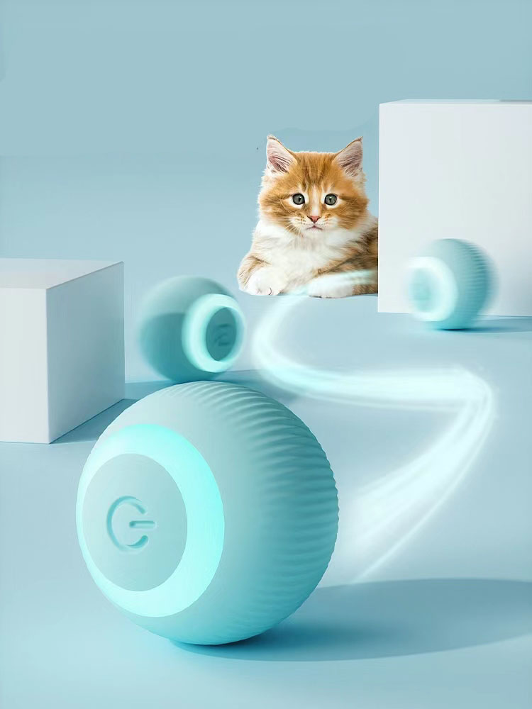 Pelota mágica recargable para gatos — juguete automático azul.