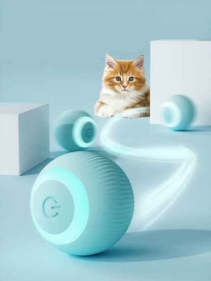 Pelota mágica recargable para gatos — juguete automático azul.