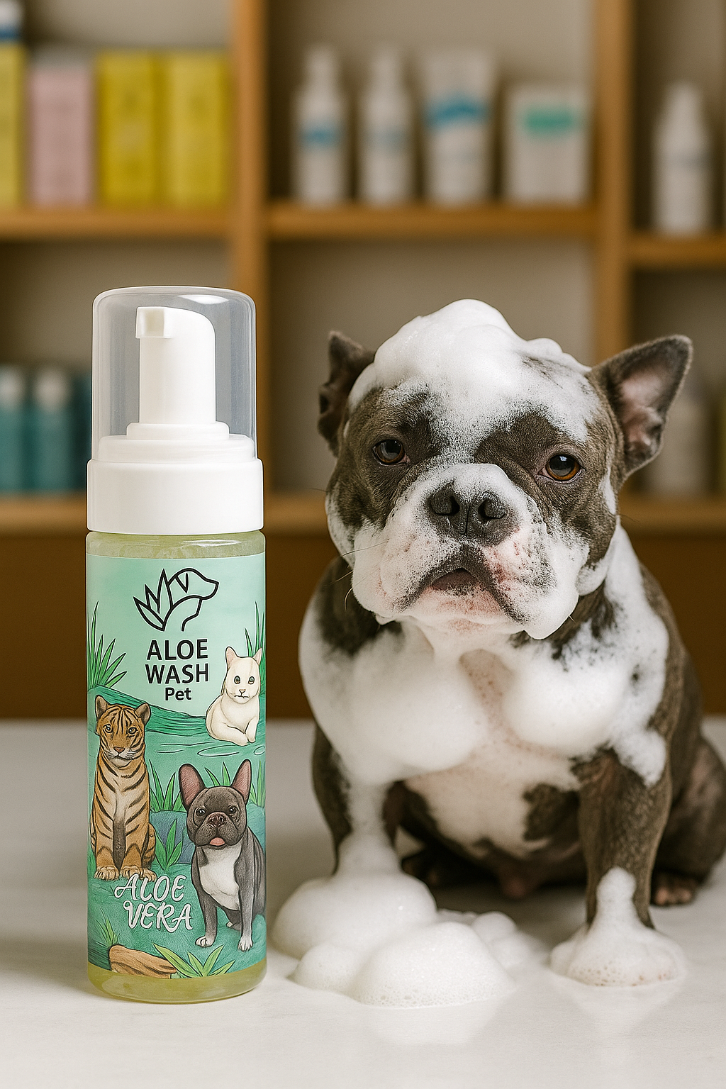 Shampoo en seco de aloe para perros y gatos — foto del producto.